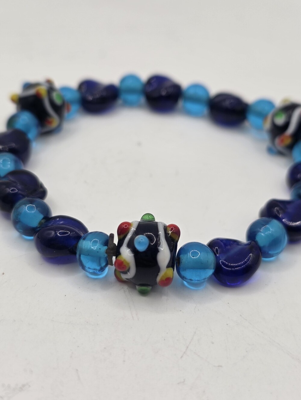 Vintage Murano Glass Bead Stretch Bracelet Blue Venetian Lampwork Evil Eye Artwo
